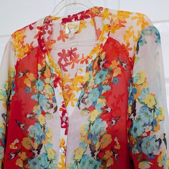 Fig & Flower Floral Shirt Womens Size Large Red Bird Sheer Roll Tab Sleeves - Picture 4 of 12